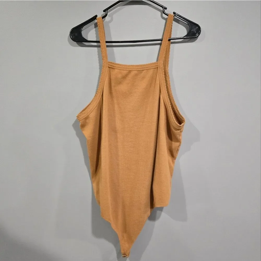 BP. Picot Trim Cotton Blend Rib Bodysuit in Tan Dale Size 3X